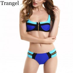 2016 Bandage top Padded Bikini Women Beach Swimwear Neon Color Block Patchwork Zipper Swimsuit Push Up Bathing Suit Bikinis 5